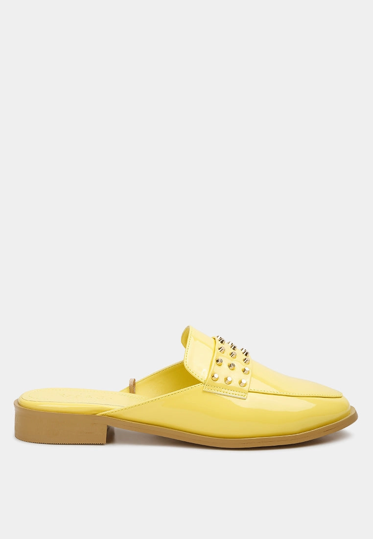 1950s Shoes Flats YASHTA Yellow Patent Studded Flat Mules