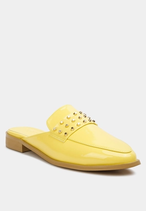 Flat Platform Derby Shoes YASHTA Yellow Patent Studded Flat Mules