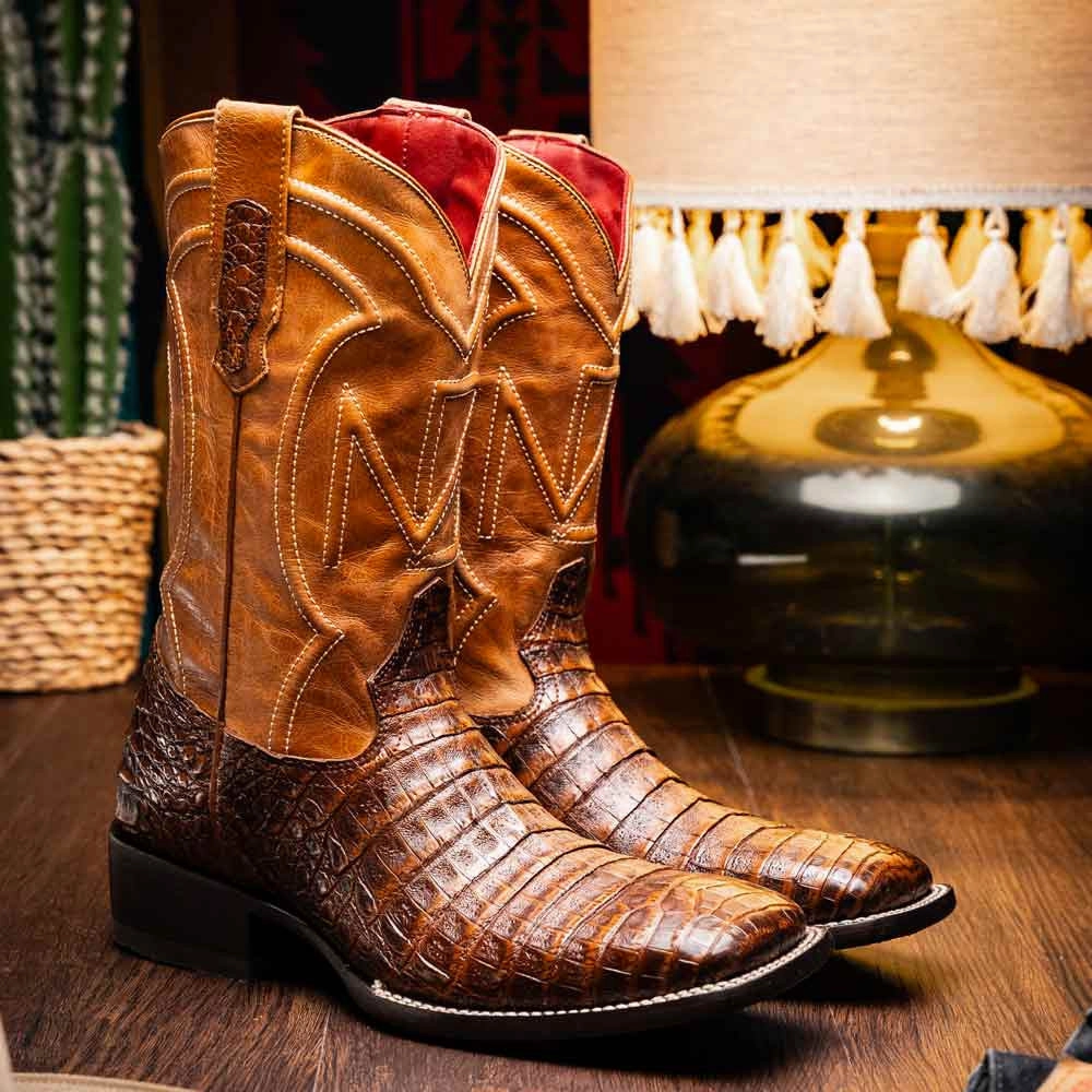 Tucson Genuine Caiman Belly Skin Aged Maple Cowboy Boot | Marco Di Milano Western Boots Square Toe