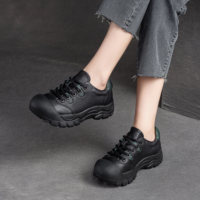 Walking Casual Shoes Zip Code Women Retro Minimalist Leather Round Head Casual Shoes