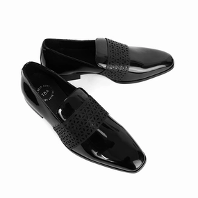 Slip On Slippers Wide Width The Brat Army Montreux Patent Black Carved Strap Loafers.