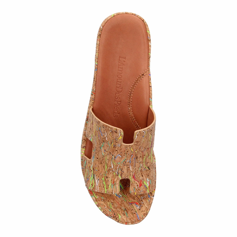 Catiana Slip on Sandal - Bright Multi Cork Flat Sandals With Straps