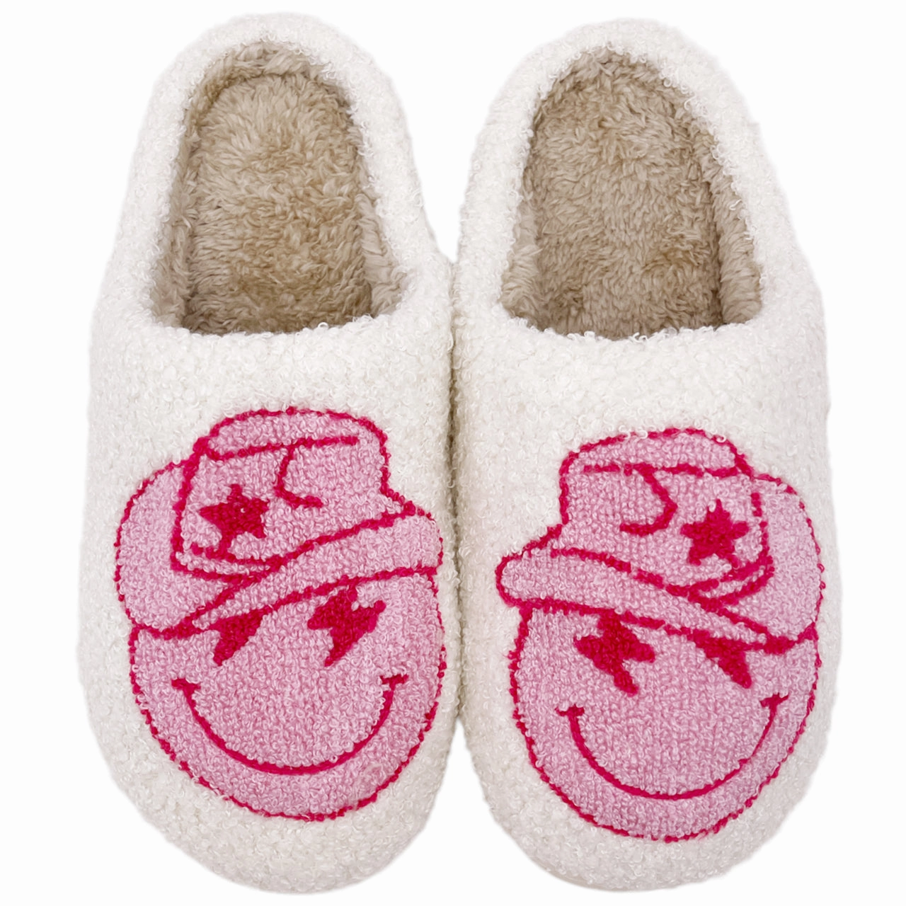 White Slippers SF-1120 Happy Face with Cowboy Hat Slippers White
