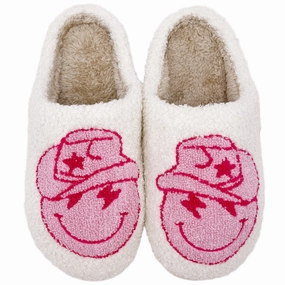 SF-1120 Happy Face with Cowboy Hat Slippers White Slippers Fluffy