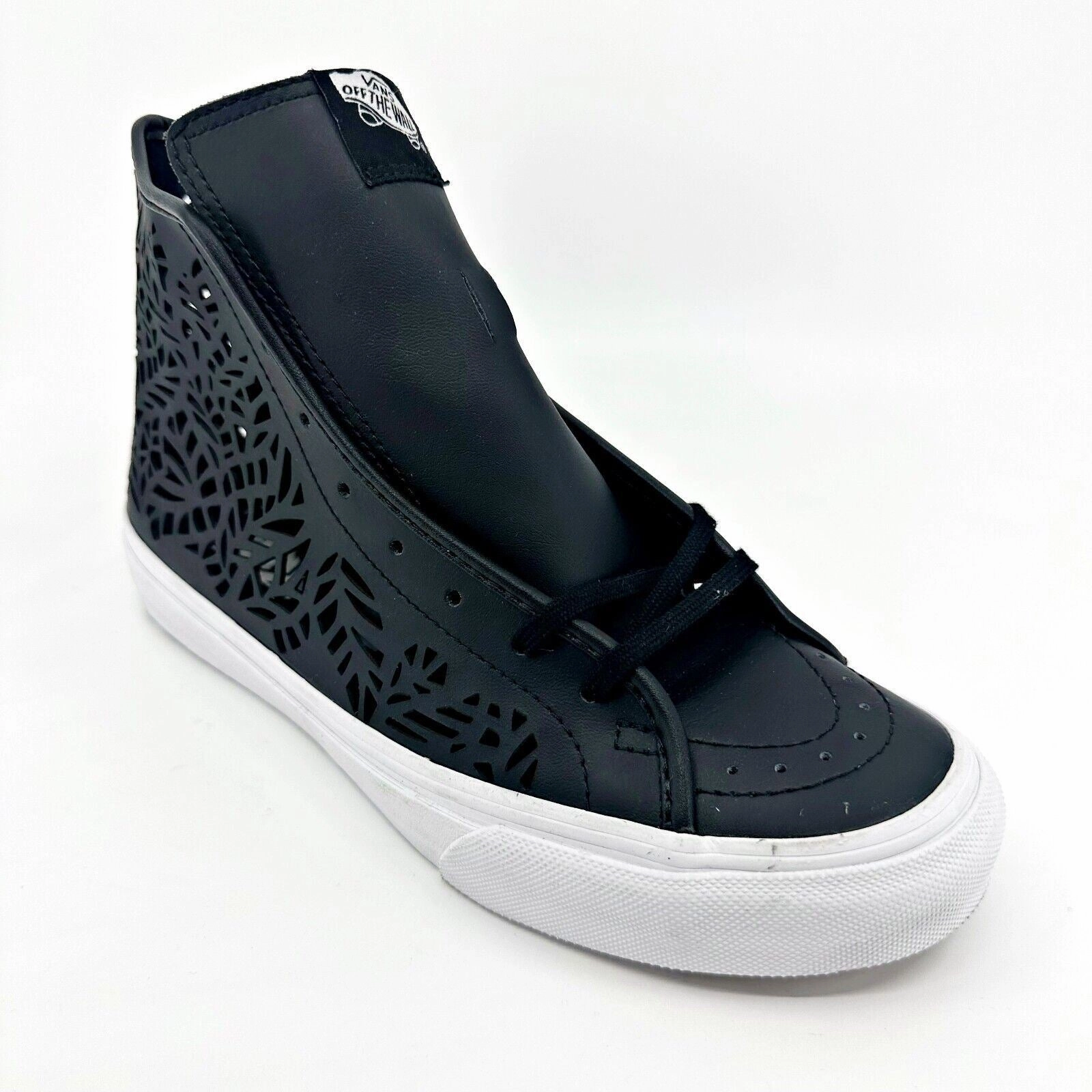 High Heel Leg VANS Sk8 Hi Decon Slim (Cut-out) Leaves Black Leather Womens Shoes