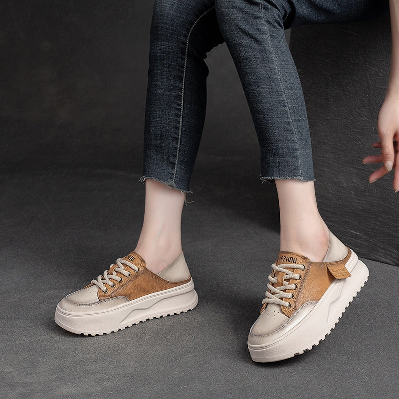 Women Fashion Patchwork Leather Thick Soled Casual Shoes Casual Dress Shoes 2024
