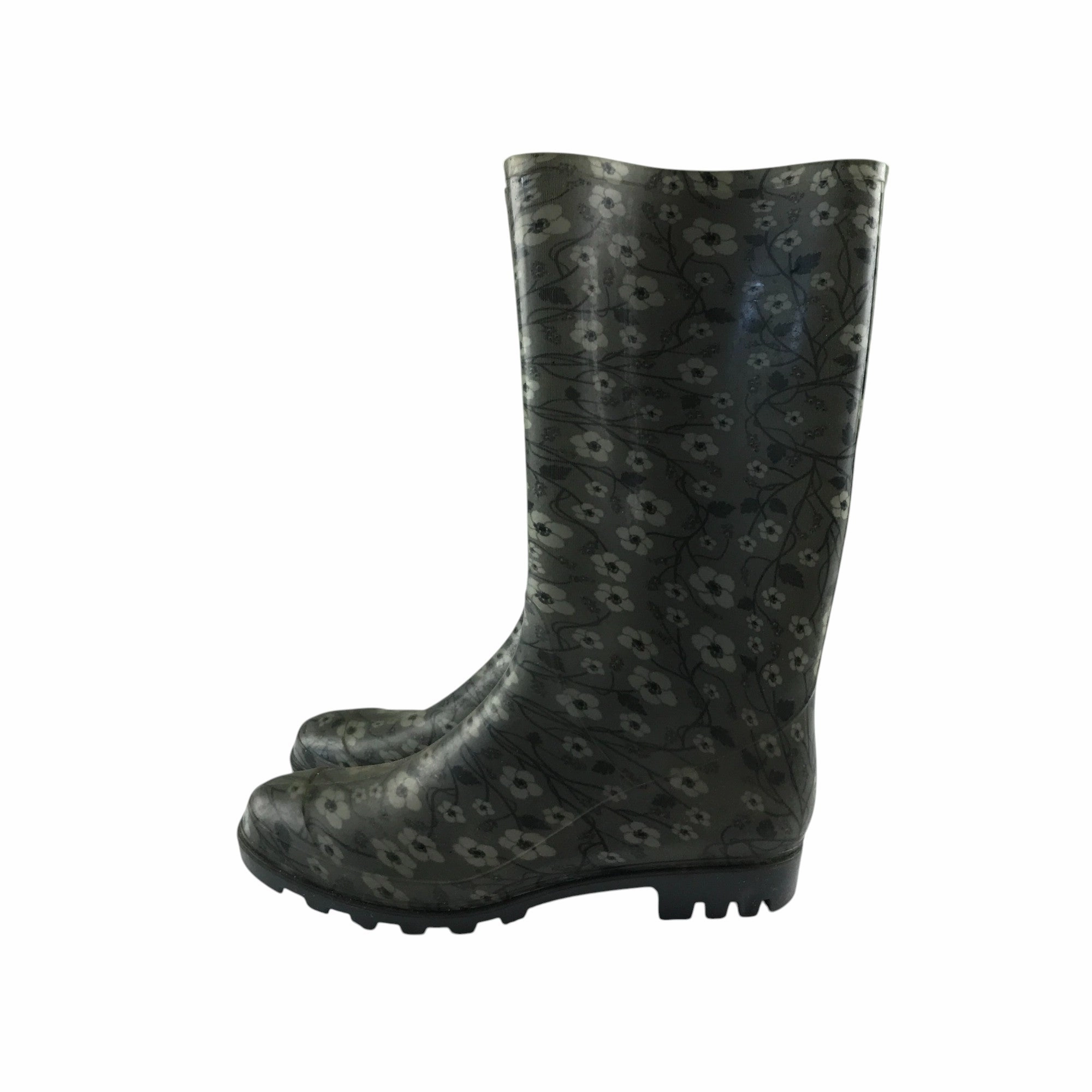 Wellie boots shoe size 7 black and grey floral print calf height Mid Calf High Platform Boots