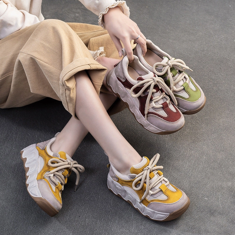 Big Casual Shoes Women Fashion Color Matching Leather Breathable Casual Shoes