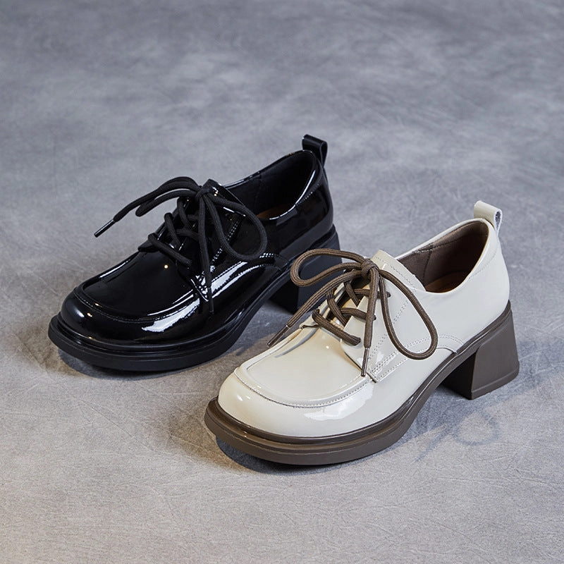 Size 17 Casual Shoes Women Minimalist Soft Glossy Leather Chunky Heel Shoes