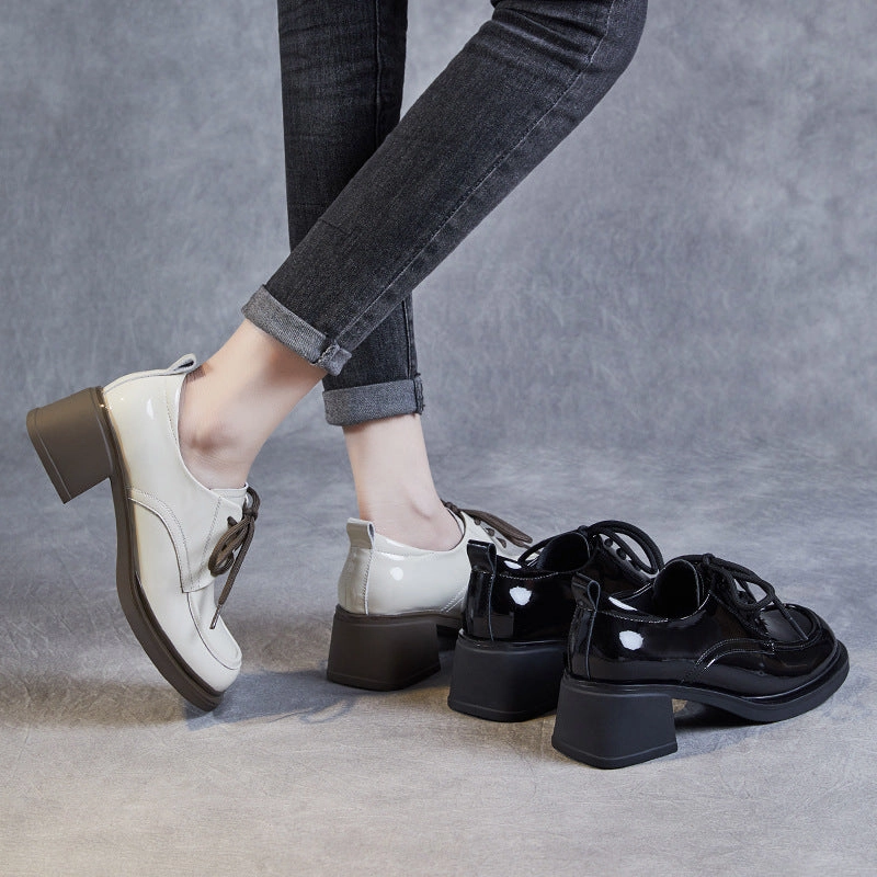Women Minimalist Soft Glossy Leather Chunky Heel Shoes Business Casual Gym Shoes