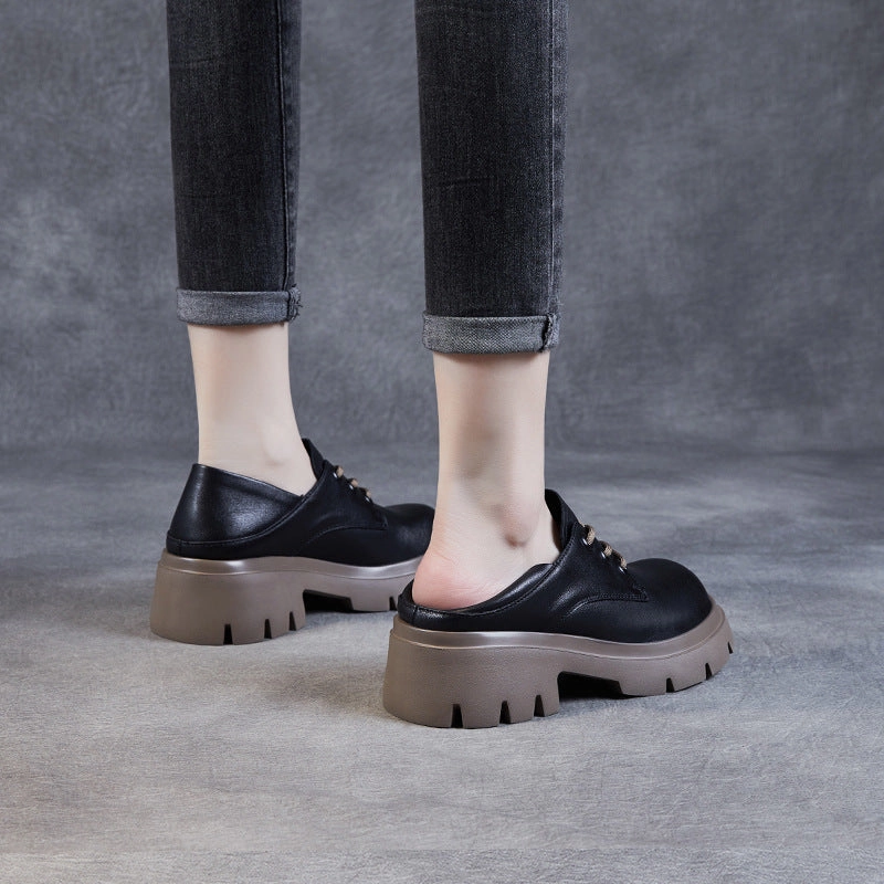 Extra Wide Slip On Casual Shoes Women Retro Cowhide Leather Wedge Casual Shoes