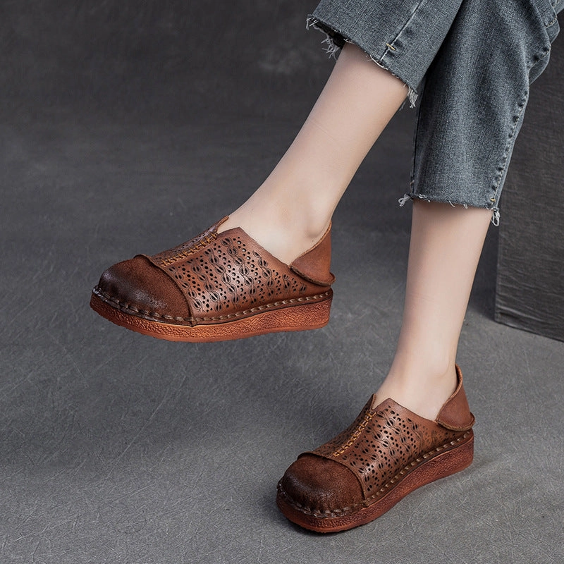 Women Retro Hollow Breathable Leather Casual Flats Casual Laceless Shoes