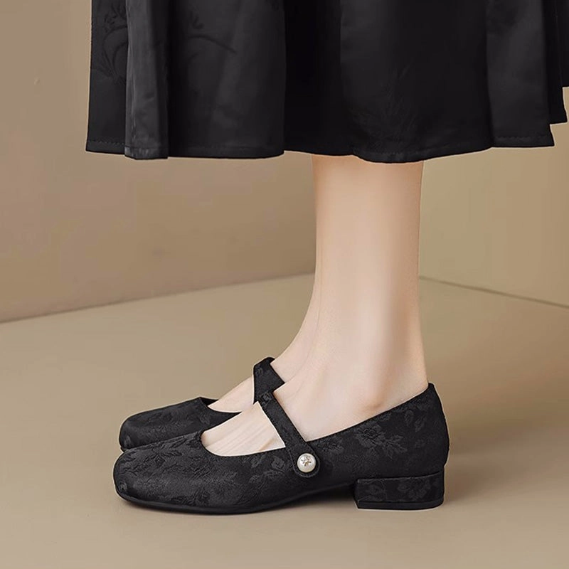 Columbus Casual Shoes Women Retro Jacquard Low Block Mary Jane Shoes