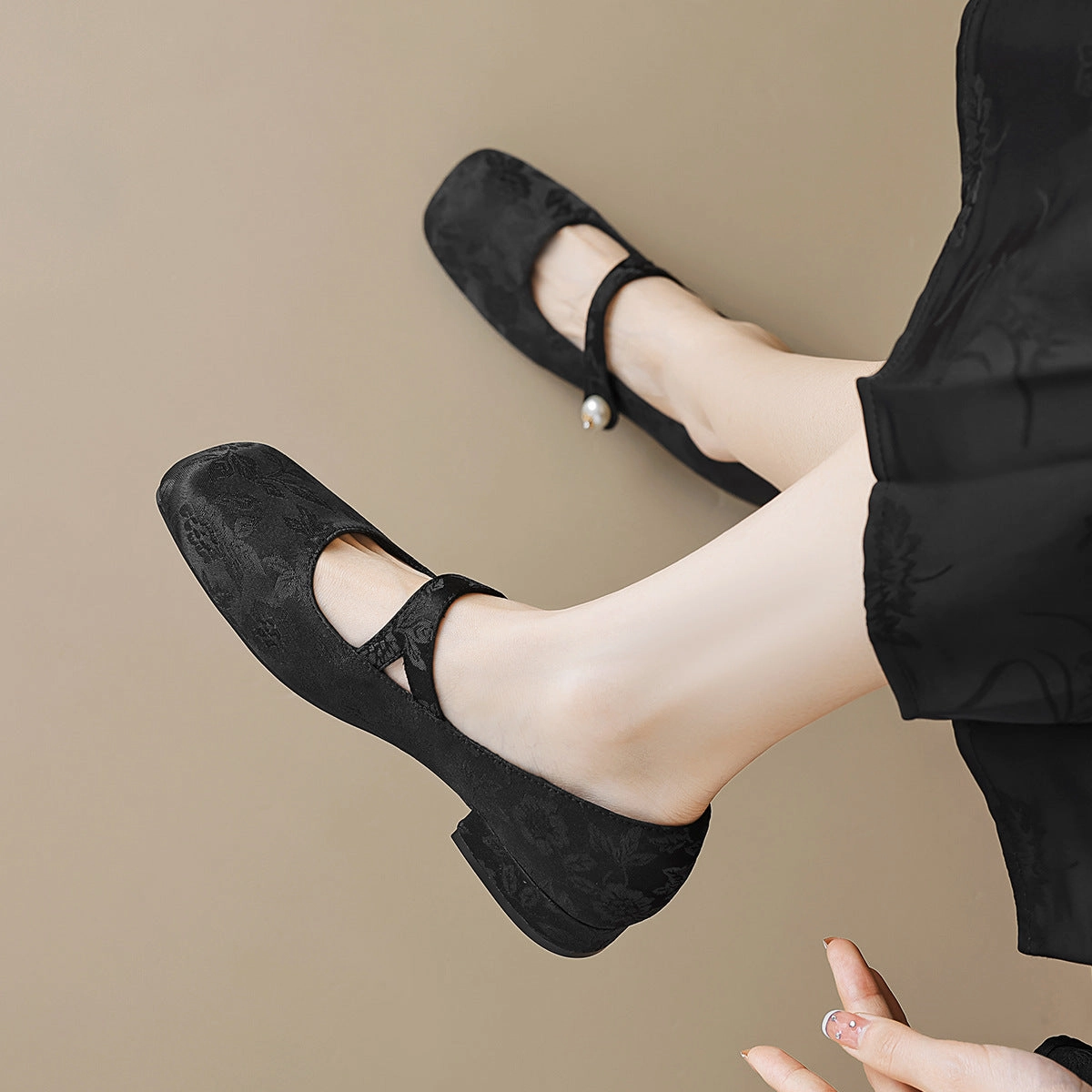 Business Casual Wide Shoes Women Retro Jacquard Low Block Mary Jane Shoes