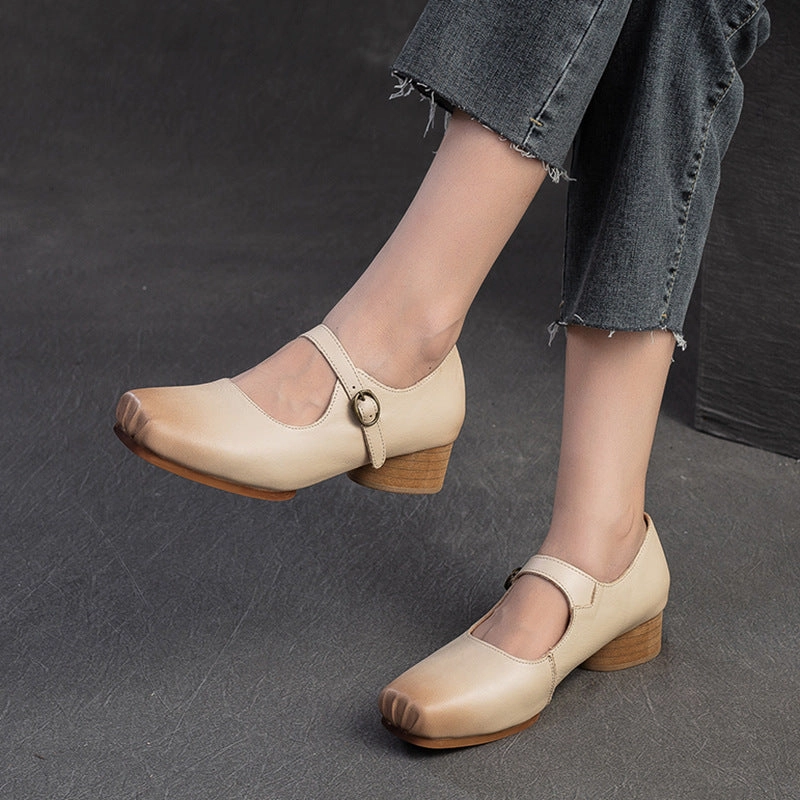 Women Retro Leather Buckle Low Block Casual Shoes Pants Shoes Casual