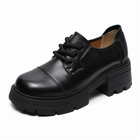 Black Casual Shoes Women Retro Leather Lace-up Thick Soled Casual Shoes