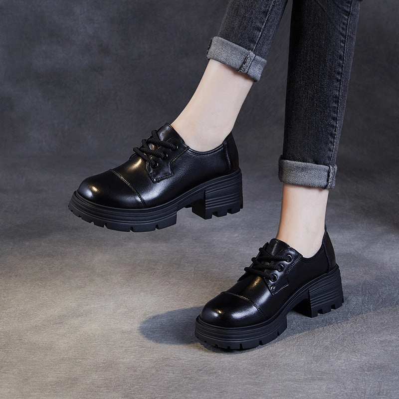 Women Retro Leather Lace-up Thick Soled Casual Shoes Flat Sole Casual Shoes