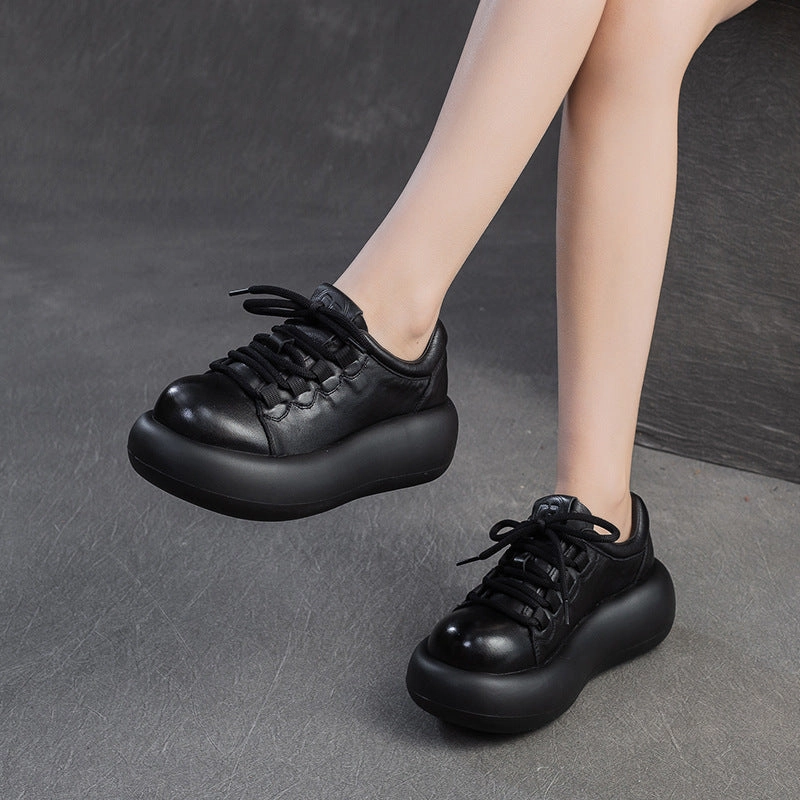 Women Retro Solid Leather Thick Soled Casual Shoes Casual Goth Shoes