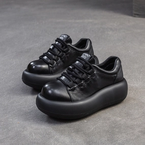 Women Retro Solid Leather Thick Soled Casual Shoes Breathable Mesh Casual Shoes