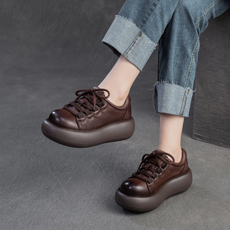 Women Retro Solid Leather Thick Soled Casual Shoes Wide Fit Casual Shoes