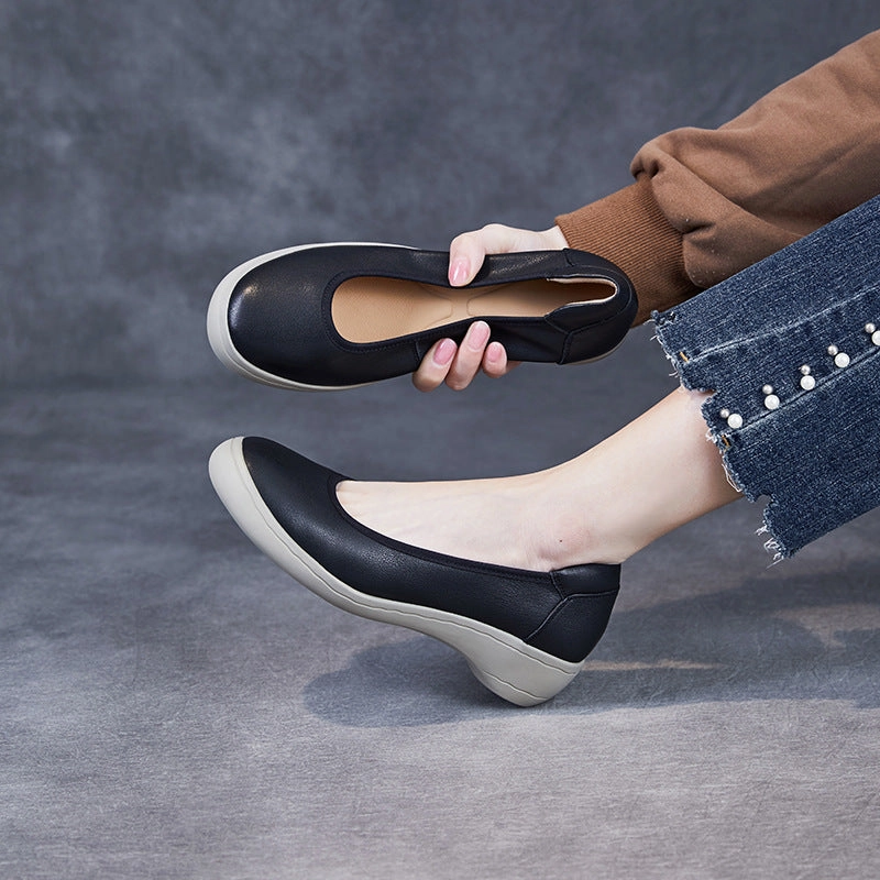 Casual Low Heel Shoes Women Simple Solid Leather Low Wedge Casual Shoes