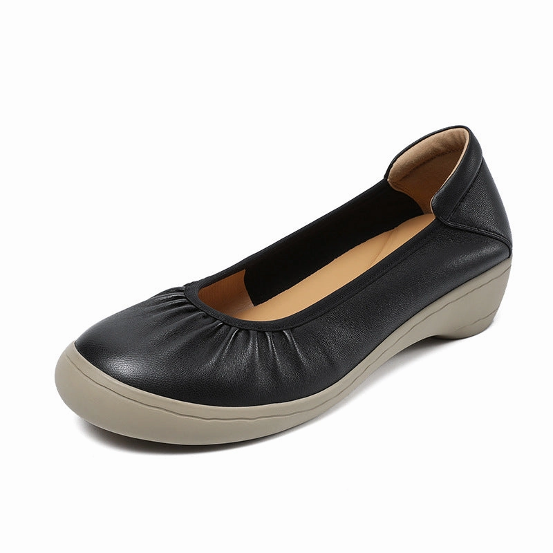 Riding Shoes Casual Women Solid Soft Leather Low Wedge Casual Shoes