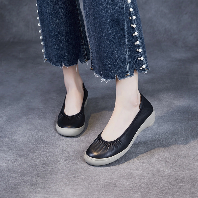 Semi Casual Shoes With Jeans Women Solid Soft Leather Low Wedge Casual Shoes