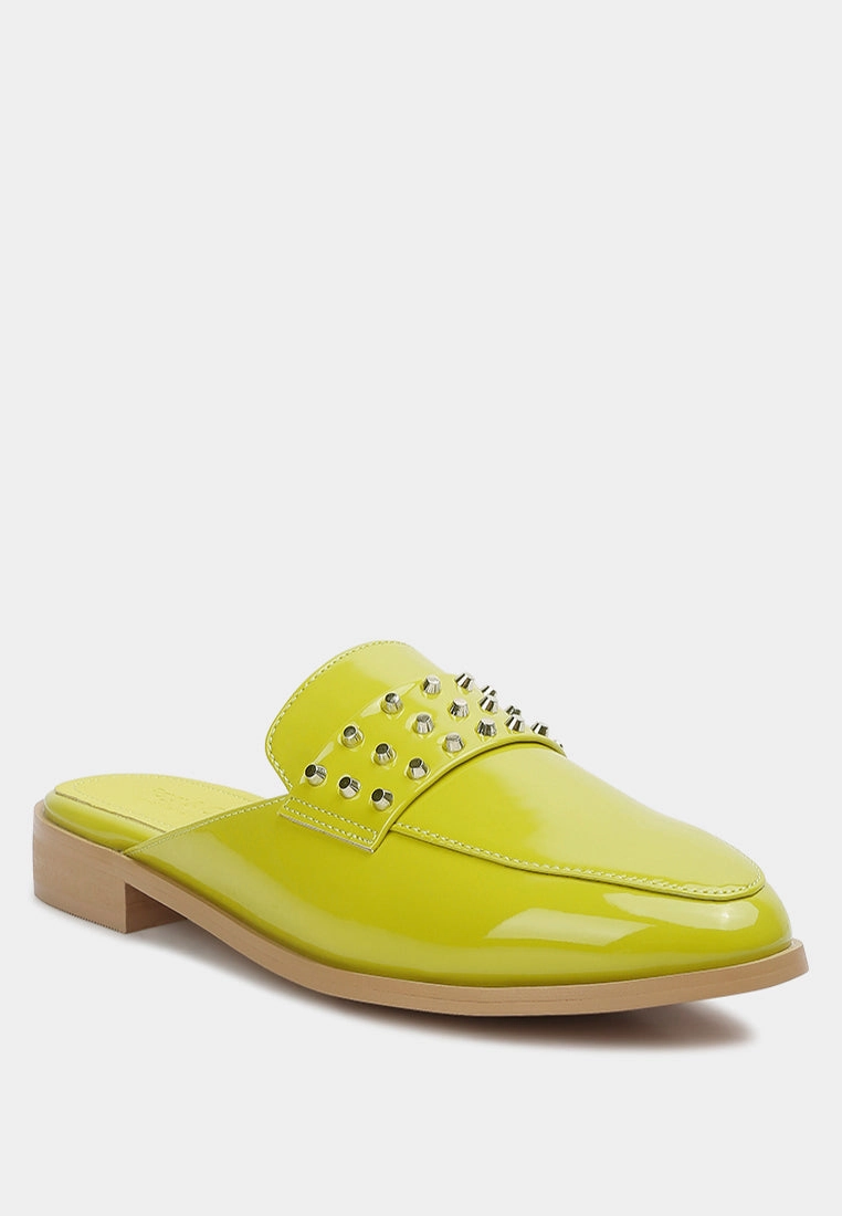 YASHTA Lime Green Patent Studded Flat Mules Chinese Laundry Shoes Flats