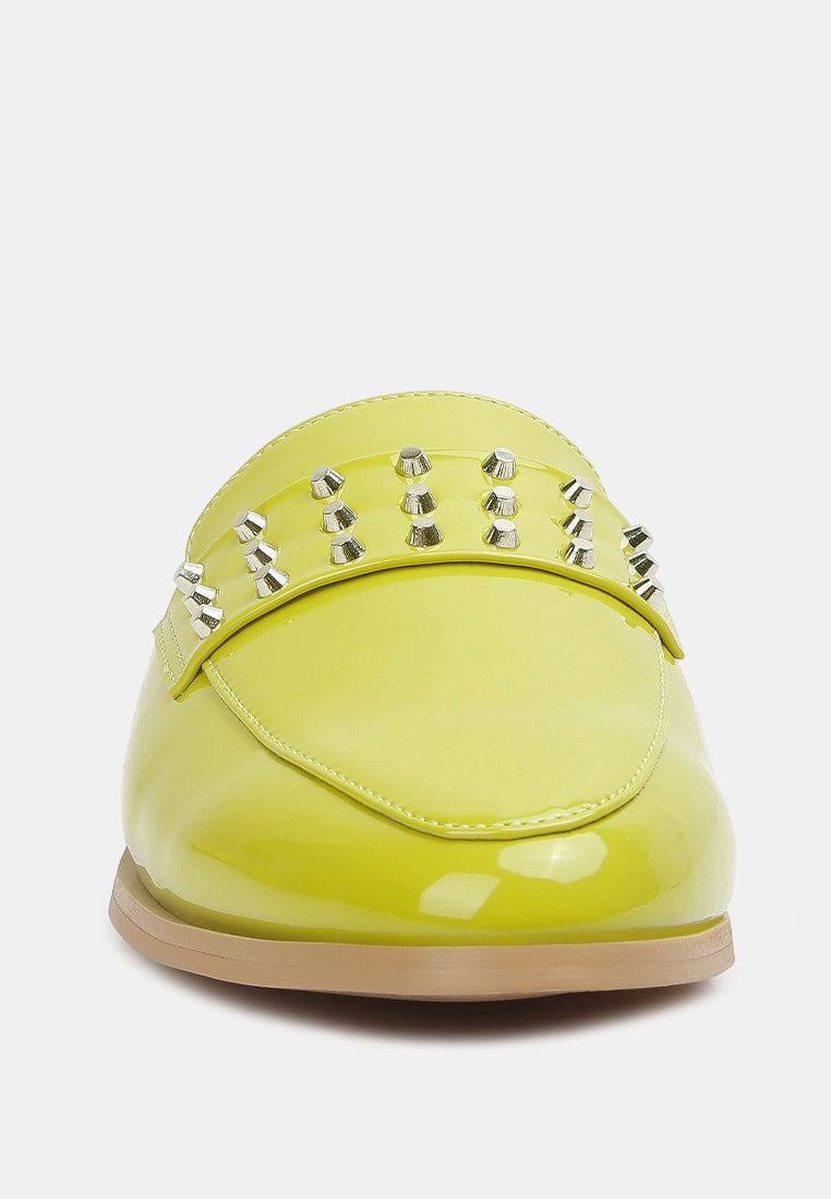 YASHTA Lime Green Patent Studded Flat Mules Best Climbing Shoes For Feet