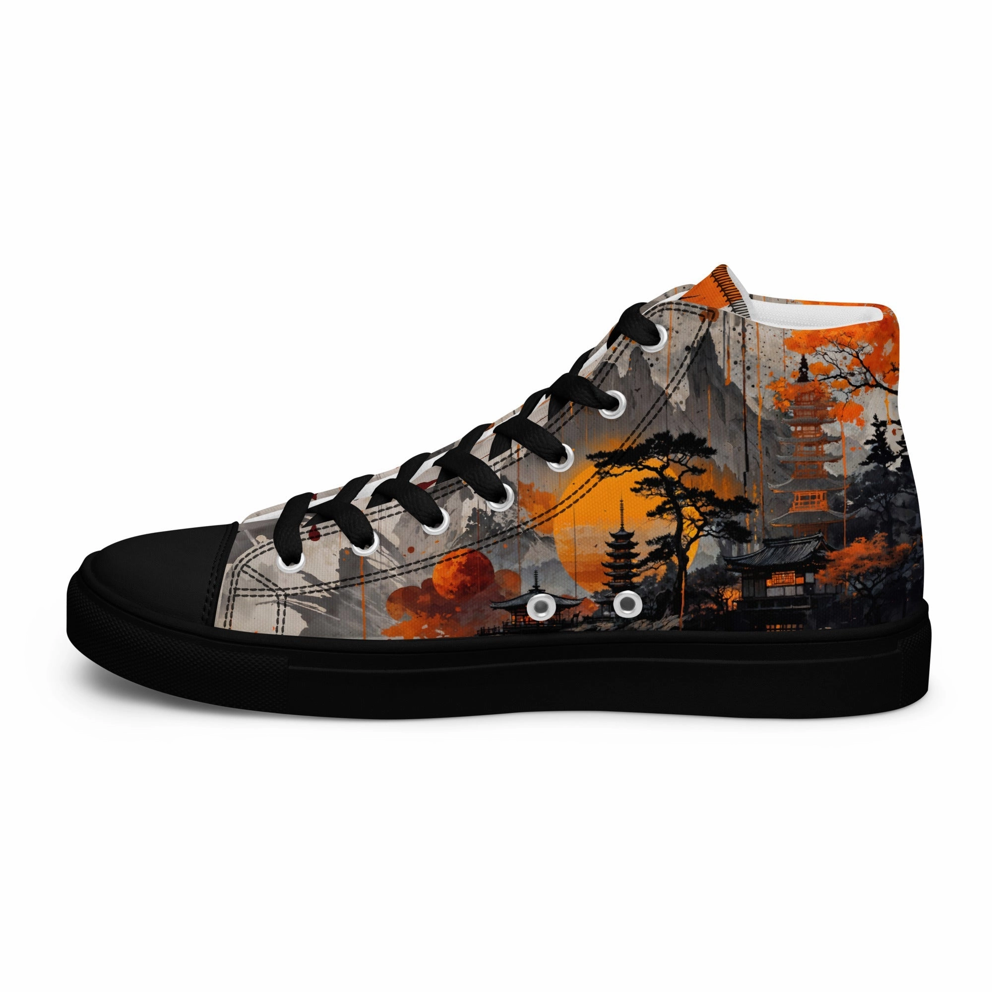 Zen Horizon High-Top Canvas Sneakers   Japanese Art-Inspired Footwear Block High Heels Closed Toe